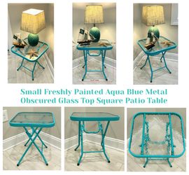 SALE!! Small Freshly Painted Aqua Blue Metal Obscured Glass Top Square Patio Table