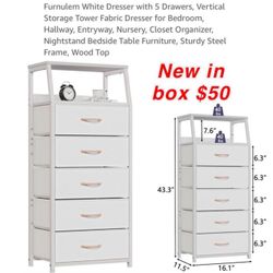 New  White Dresser with 5 Drawers, Vertical Storage Tower Fabric Dresser for Bedroom, Hallway, Entryway, Nursery, Closet Organizer, Nightstand$50