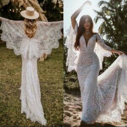 Odalis Cape-Sleeve Deep-V Lace Wedding Gown