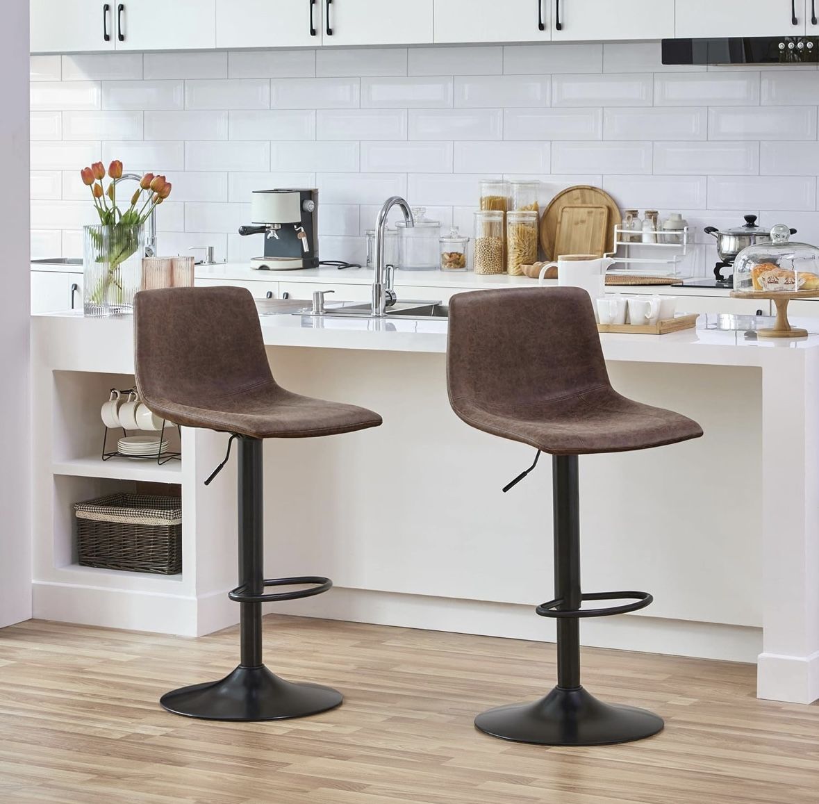 Bar Stools Counter Height, Swivel Barstools with Footrest and L Shape Back, Height Adjustable Modern Bar Chairs, Vintage Leather, Brown