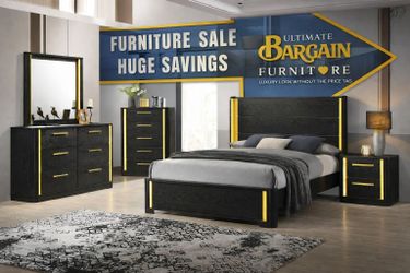 Black Panel Bedroom Set w/ LED Lights & Gold Accents ✨