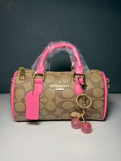Coach Mini Barrel Bag Brown Monogram Pink Trim Cherry Keychain