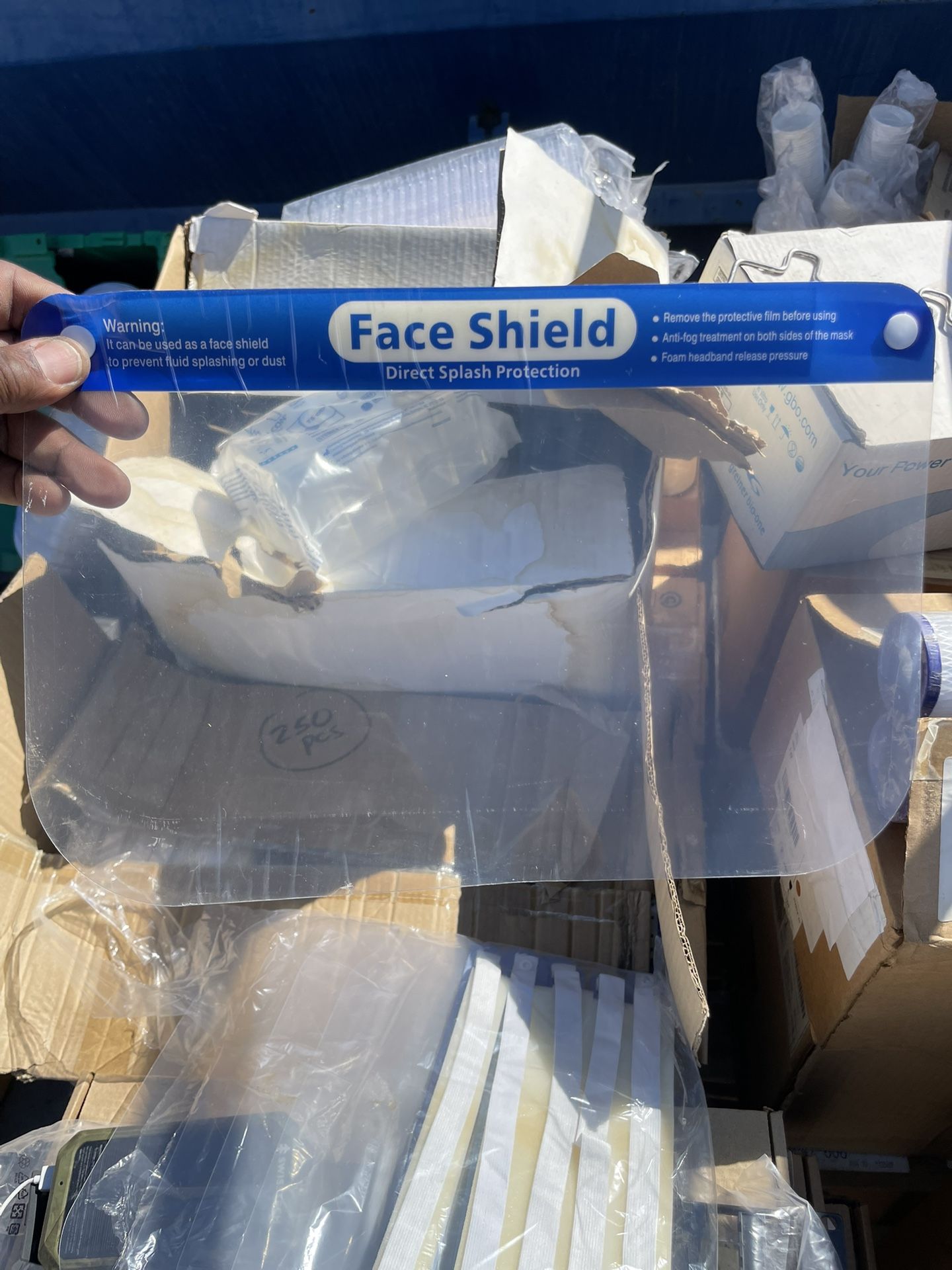 Face Shields, 250pc, New, Individually Wrapped, $150