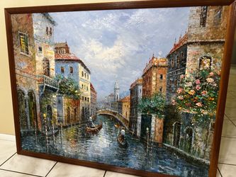 Framed Venice Canal Oil Painting