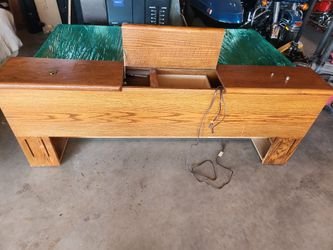 Vintage Oak King Storage Bed Headboard with lift-top compartment, hidden sliding drawer, built-in cords