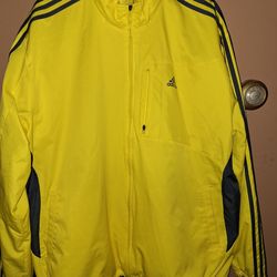 Adidas Windbreaker Jacket Mens XXL Yellow Full Zip Logo Hooded Water Repellent $45