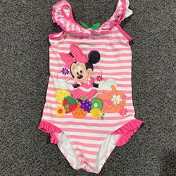 Disney Minnie Mouse girls size 8 pink and white striped ruffled one-piece swimsuit 
