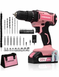 COMOWARE Cordless Drill Set, 20V Pink Power Drill Set for Women, 1 Battery & Charger, 3/8" Keyless Chuck, 2 Variable Speed, 266 In-Ib Torque, 25+1 Pos