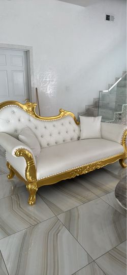 Baroque Style Gold and White Tufted Sofa