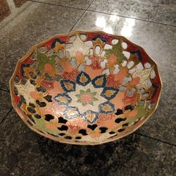 Vintage Brass Floral Cutout Hand Painted Bowl 8"