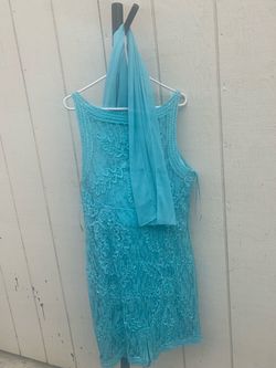 Turquoise Lace Sleeveless Mini Dress with Scarf