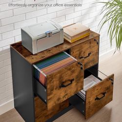 4 Drawer File Cabinet with Lock, Printer Stand, Office Filing Cabinet Organizer, for A4 and Letter Size Documents, Rustic Brown and Black UOFC062B01
