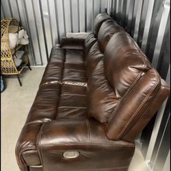 Leather Couch- Charging Port And Dual Recliner With Adjustable Headrest And Recliner .