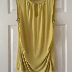 New York & Company Yellow Top Blouse Silver Buttons Chain Gathered Sides Pleated