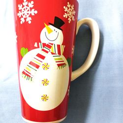 

Christmas Coffee Tall Latte Cup 6.25” Tall Snowman Red, 3.5 “ diameter---