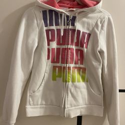 Puma Sport Full Zip Logo Hoodie Womens Jacket Size S White Pink