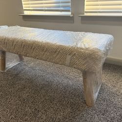 Textured Woven Upholstered Bench – Gently Used, Wrapped for Moving