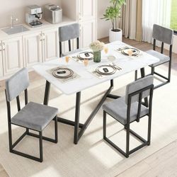 Dining Table Set for 4 – Faux Marble Top w/ Upholstered Chairs