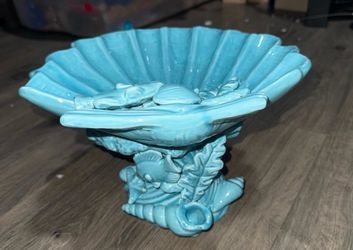 blue glazed ceramic sea shell & fish platter