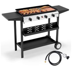 ROVSUN 4 Burner Portable Propane Griddle with Electronic Ignition, 40,000 BTU Rolling Flat Top Gas Grill with Nonstick Enameled Tray, Side Shelf & Reg