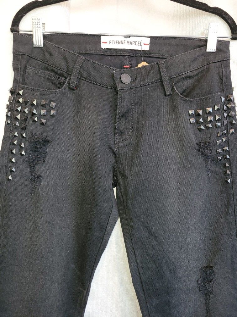 Etienne Marcel Black Distressed Studded Denim Pants, Size 28