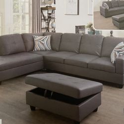 Grey Leather Sectional Couch And Ottoman