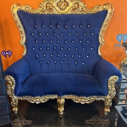 Royal Blue & Gold Double Throne Chair Loveseat – Seats 2 Adults