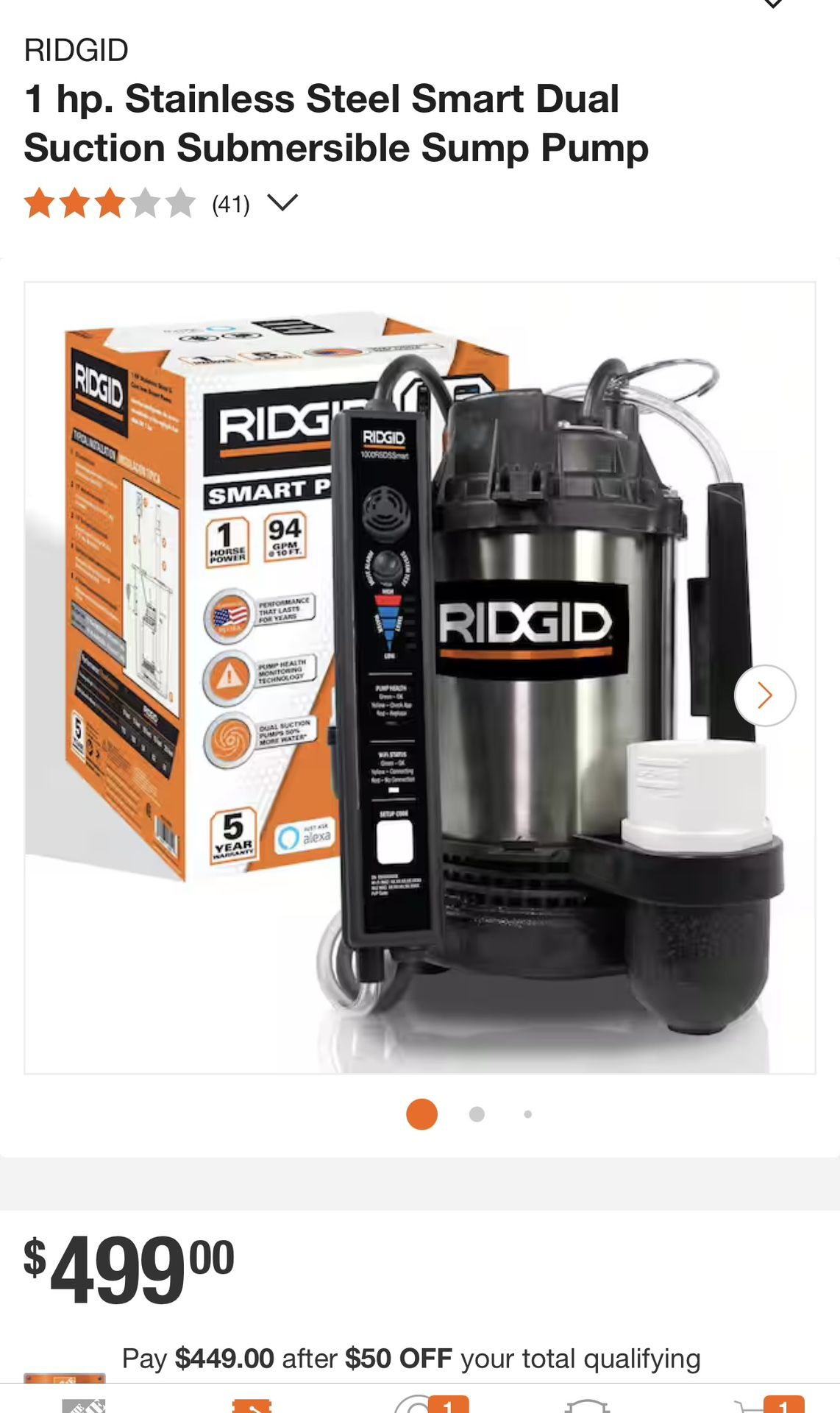 RIDGID 1 hp. Stainless Steel Smart Dual Suction Submersible Sump Pump