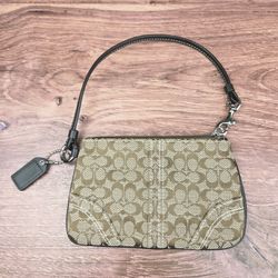 Coach Signature Wristlet Brown Khaki Canvas And Leather Trim