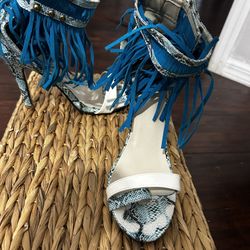 Teal Blue Fringe Leopard Heel 