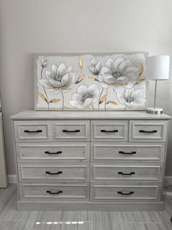 Gray 10-Drawer Bedroom Dresser 55 Vintage Wood Grain w/ Metal Handles