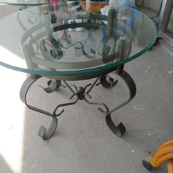 Two Forged Metal And Thick Glass End Tables