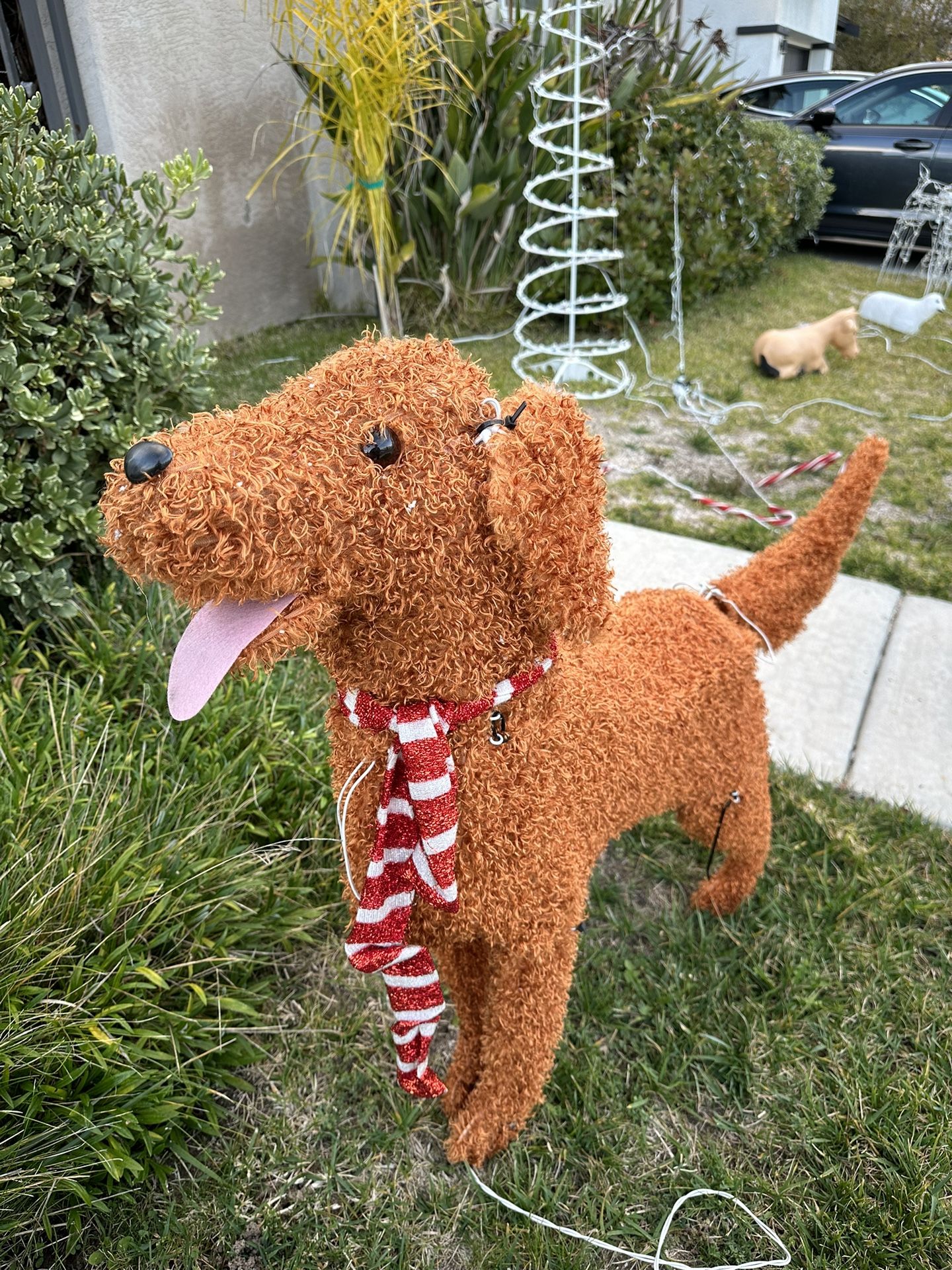 Fluffy Brown Fabric Dog With Scarf Christmas Yard Decor 3 Ft Long