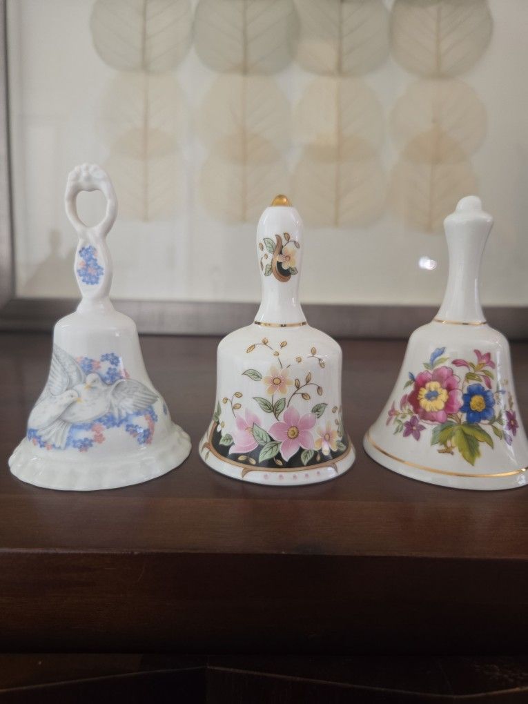 Set of 3 Vintage English Bone China Bells – Floral & Dove Designs