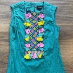 Taaga Size Small teal blouse with tassels very bright