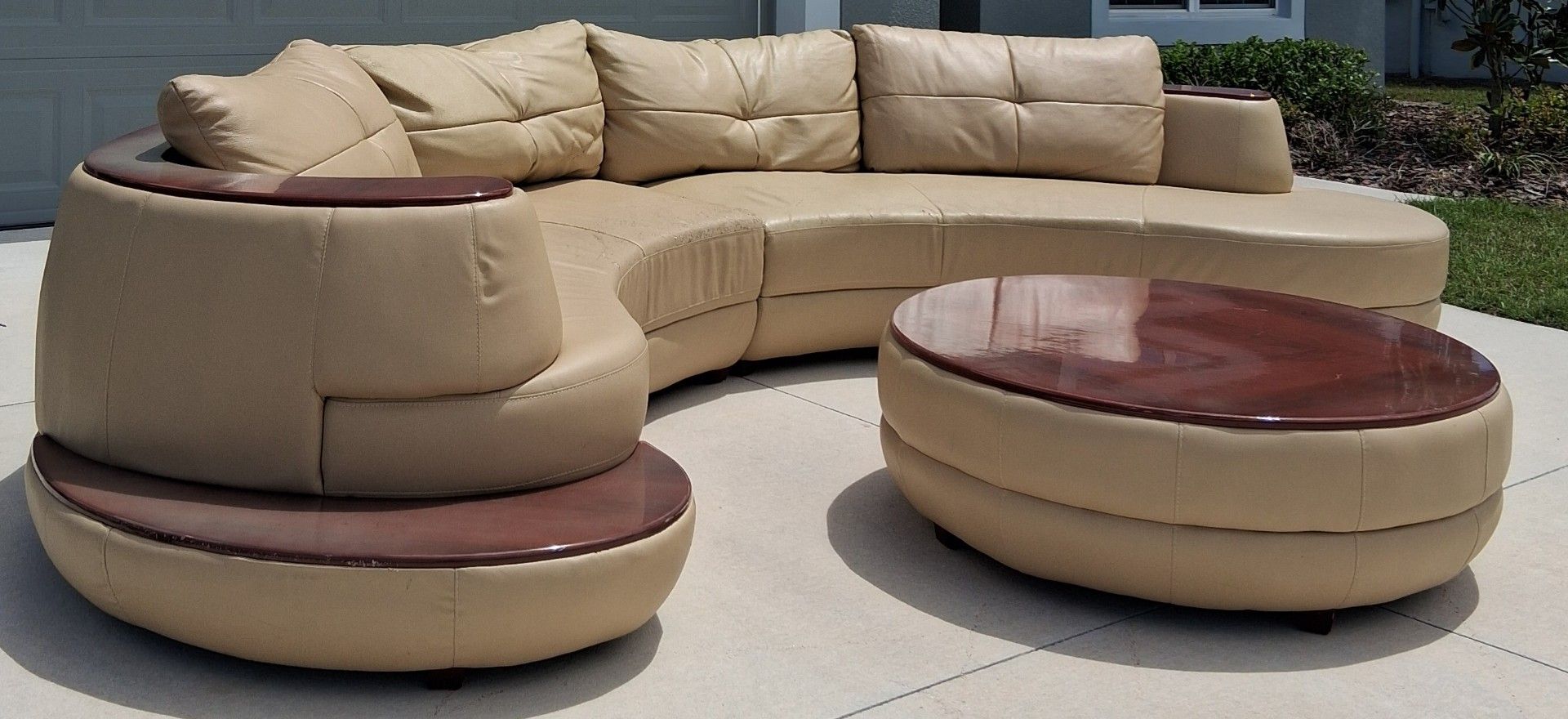 Free Delivery! Beige Leather Modern Sectional W/ Cherry Shelf & Coffee Table