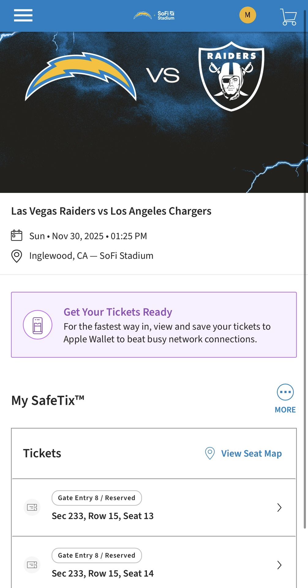 🏈 Chargers vs Las Vegas Raiders – 2 Tickets – Nov 30, 2025 @ Sofi Stadium 🏟️