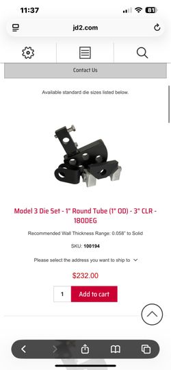 JD square Model 3 Die Set - 1" Round Tube (1" OD)