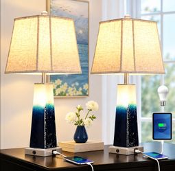 28" Table Lamps Large Coastal Blue with Night Light & USB Port Beige Shade Bedside Living Room