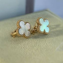 18k yellow gold Van cleef Alhambra style White Mother of pearl stone clover clip back earrings