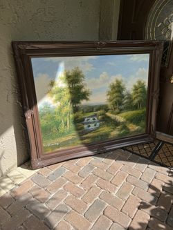 Very Large Framed Landscape Oil on Canvas
