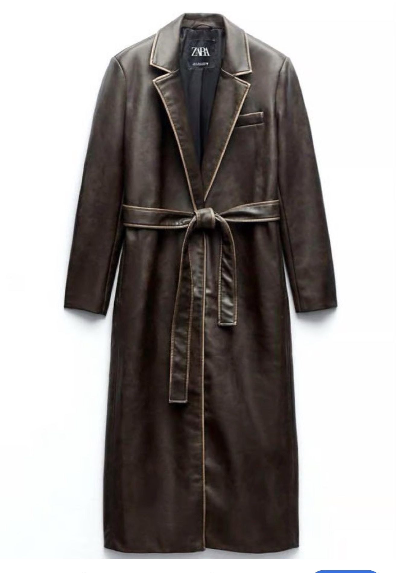 ZARA Women’s Faux Leather Long Trench Coat Brown Belted Size S Vegan Leather 