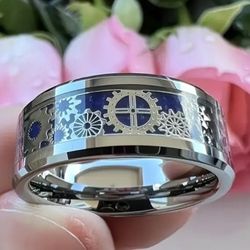 Men's 8mm Titanium Blue Steam Punk Design Comfort-fit Engagement Wedding Band11 
