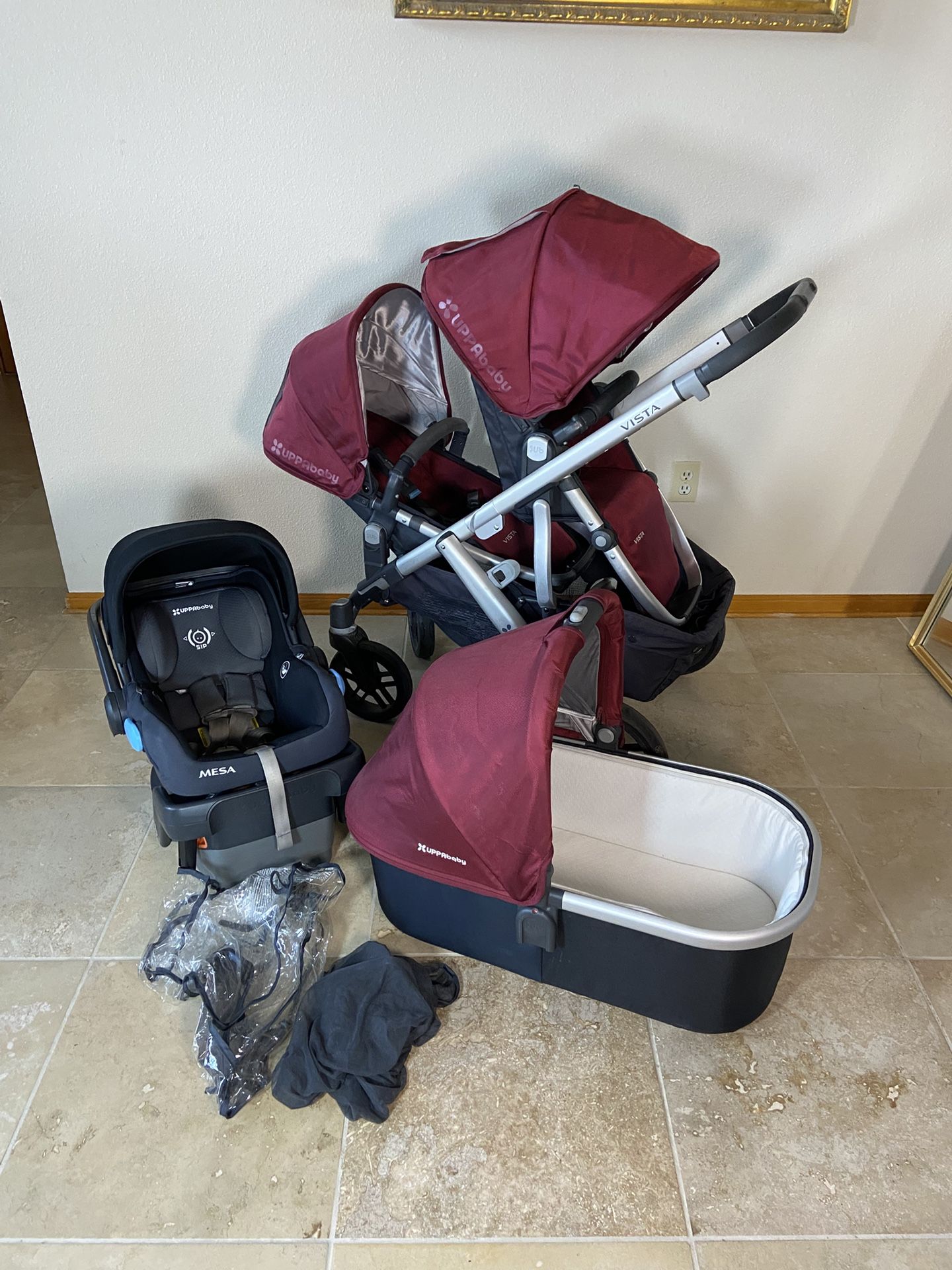 Uppababy Vista Double Stroller with Bassinet and Car Seat Red
