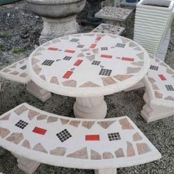 Concrete Mosaic Picnic Table with 3 Benches/ Outdoor Patio Furniture / Patio Set