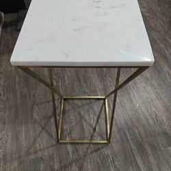 New White and Gold Square Marble Top End Table, 25.5 Inches Height 