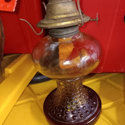 Tall pedestal antique oil lamp , double reservoir/