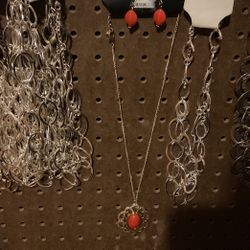 Silver Necklaces And Gold Necklace W/ Matching Earrings 