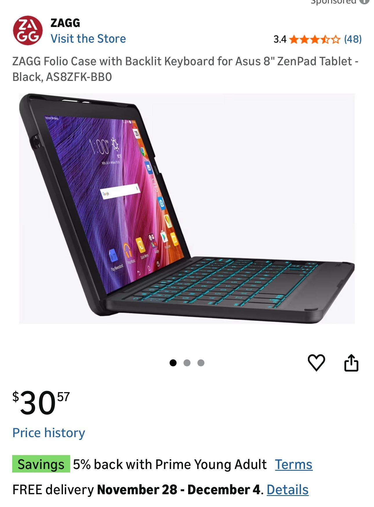 ZAGG Folio Case with Backlit Keyboard for Asus 8" ZenPad Tablet - Black, AS8ZFK-BB0