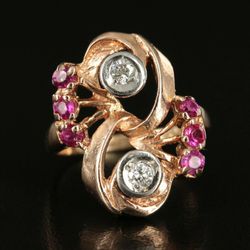 VINTAGE RETRO ESTATE 14KT ROSE GOLD GENUINE DIAMOND & RUBY RING 